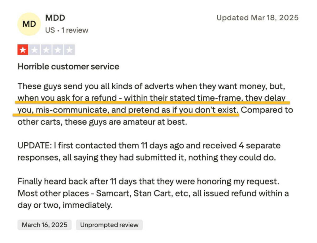 thrivecart customer support review trustpilot 2
