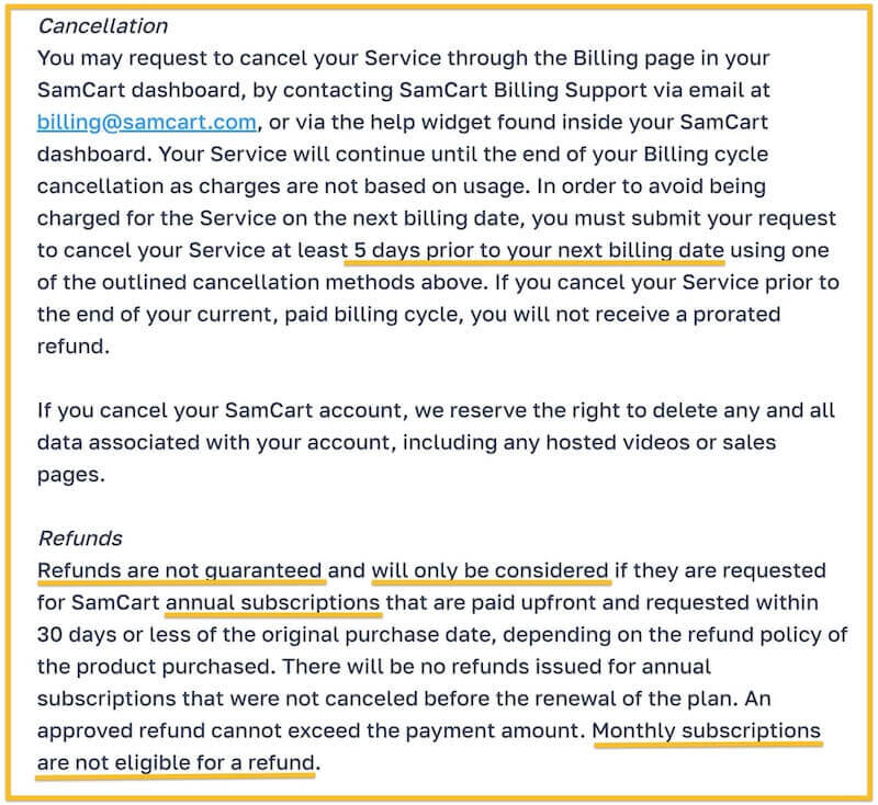 samcart cancel refund policy