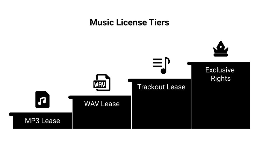 The 4 beat license tiers rising in price: MP3 lease, WAV lease, trackout lease, and exclusive rights