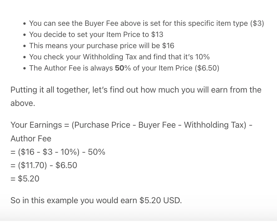 Envato author earnings example showing an author earning $5.20 from a $16 website template sale after the 50% author fee