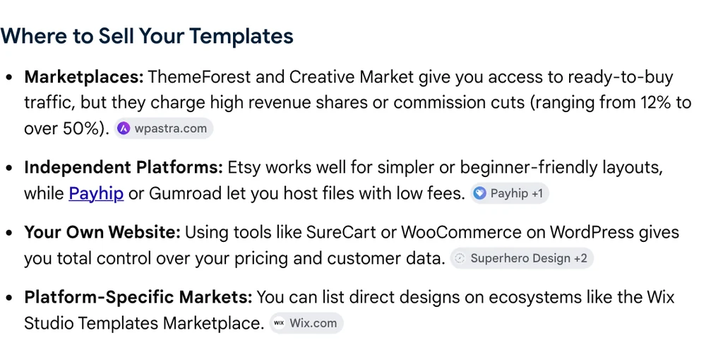 Google AI Overview for sell website templates showing marketplace commission stated as 12% to over 50%