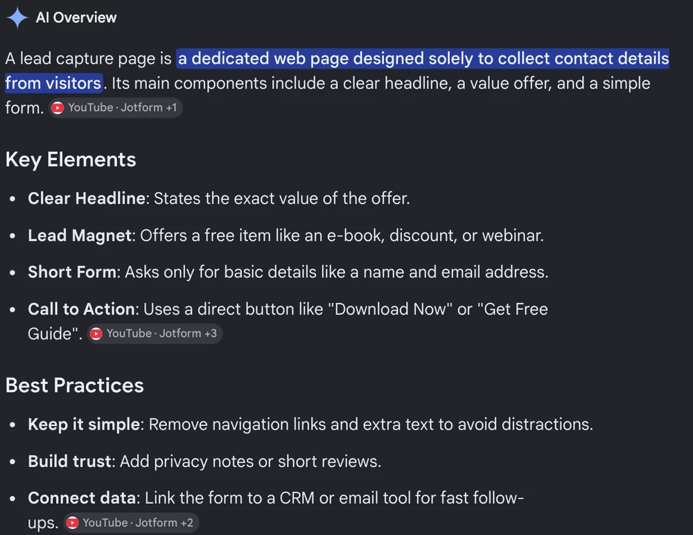 Google AI Overview defining a lead capture page and listing its key elements