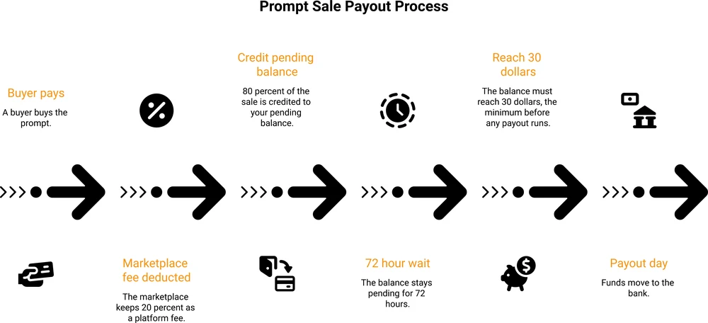 The 6 steps money takes after a prompt sale on a marketplace, from buyer payment to payout day