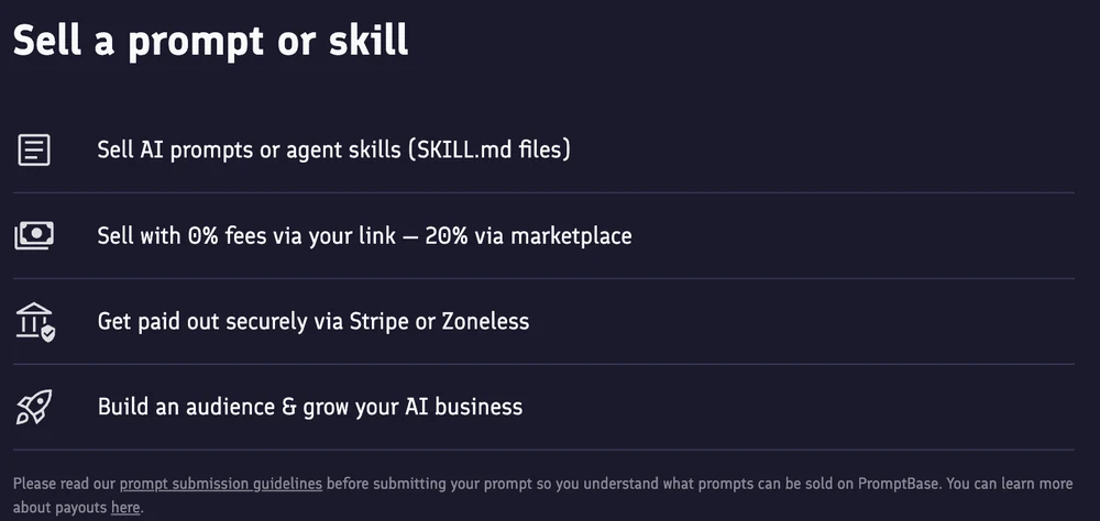 PromptBase's seller page showing 0% fees via your own link and 20% via the marketplace