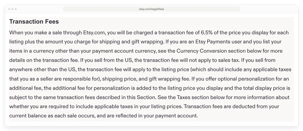 Etsy's Fees and Payments Policy showing the 6.5 percent transaction fee