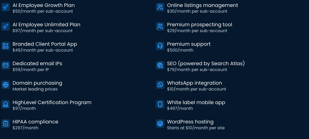 GoHighLevel's optional add-on list, most priced per sub-account