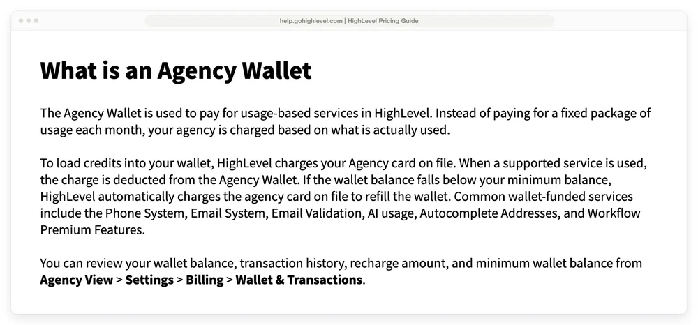 HighLevel support documentation explaining that the Agency Wallet automatically charges the card on file to refill itself