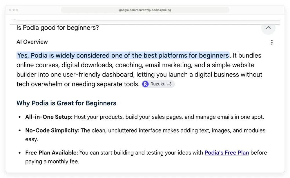 Google's AI answer inside People Also Ask, still listing a Podia free plan
