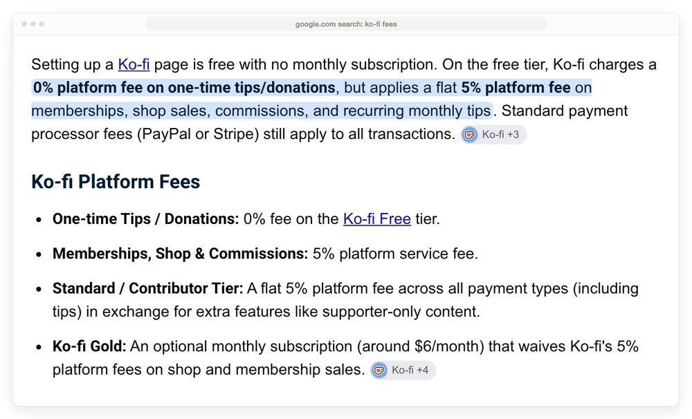 Google AI Overview stating Ko-fi Gold costs around 6 dollars a month