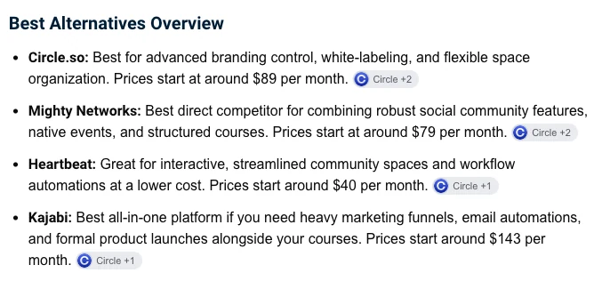 Google's AI Overview for the search skool alternatives, listing Circle.so at around $89 per month, Mighty Networks at around $79, Heartbeat at around $40 and Kajabi at around $143