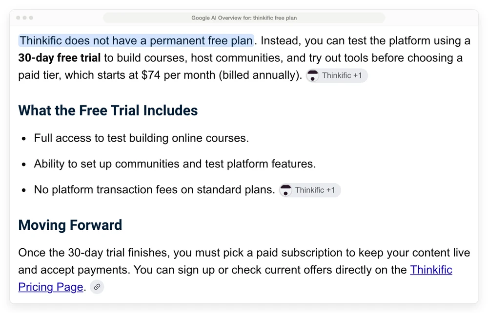 Google's AI Overview for the search thinkific free plan, stating there is no permanent free plan and that paid tiers start at $74 per month billed annually