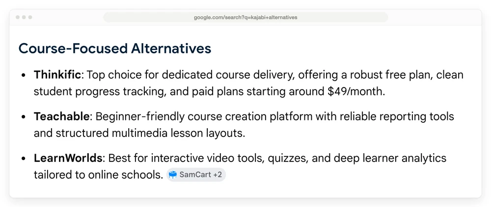 Google AI summary for kajabi alternatives listing course-focused options, with the Thinkific entry claiming a free plan