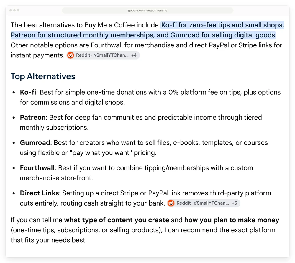 Google's AI Overview for buy me a coffee alternative, listing Ko-fi with a 0% platform fee on tips