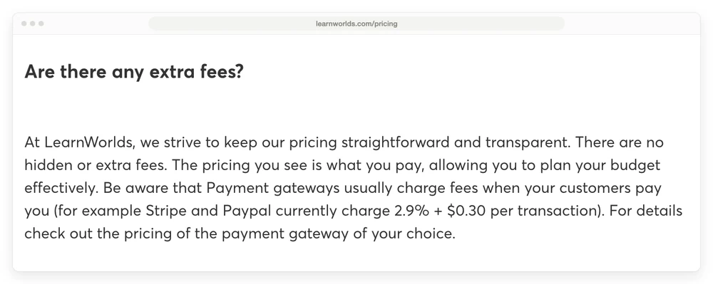 LearnWorlds pricing FAQ answering that there are no hidden or extra fees