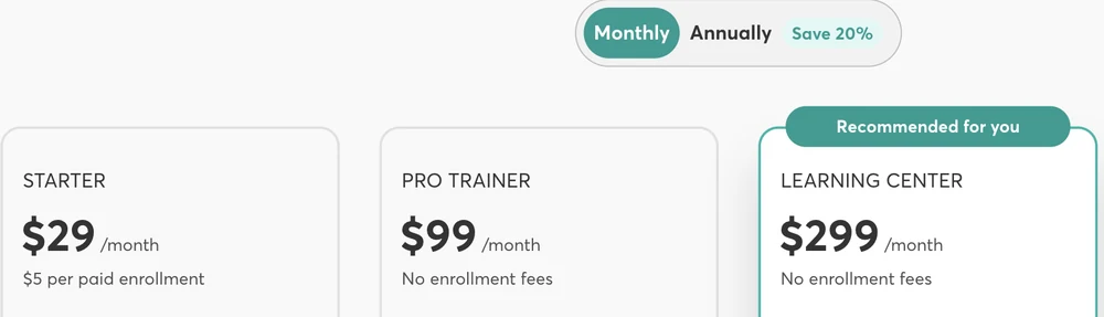 LearnWorlds pricing cards on monthly billing, showing $5 per paid enrollment on Starter and no enrollment fees on Pro Trainer and Learning Center