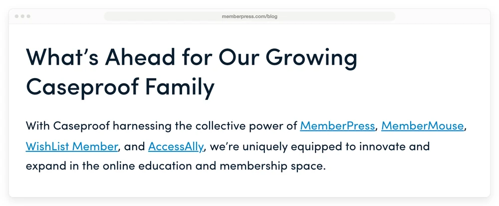 MemberPress blog post naming MemberPress, MemberMouse, WishList Member and AccessAlly as the Caseproof family