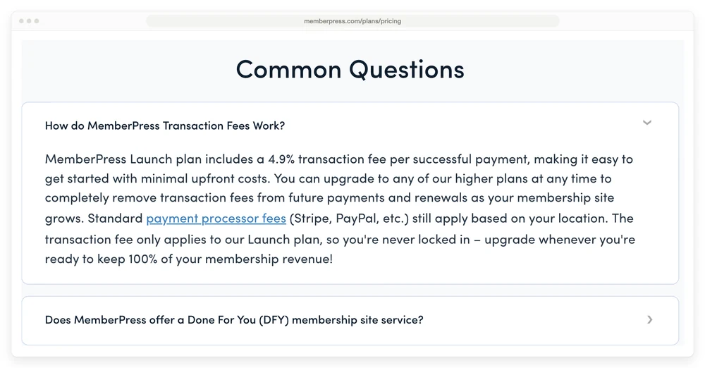 The Common Questions section of MemberPress's pricing page, expanded, showing the answer that the Launch plan includes a 4.9 percent transaction fee per successful payment and that standard payment processor fees still apply