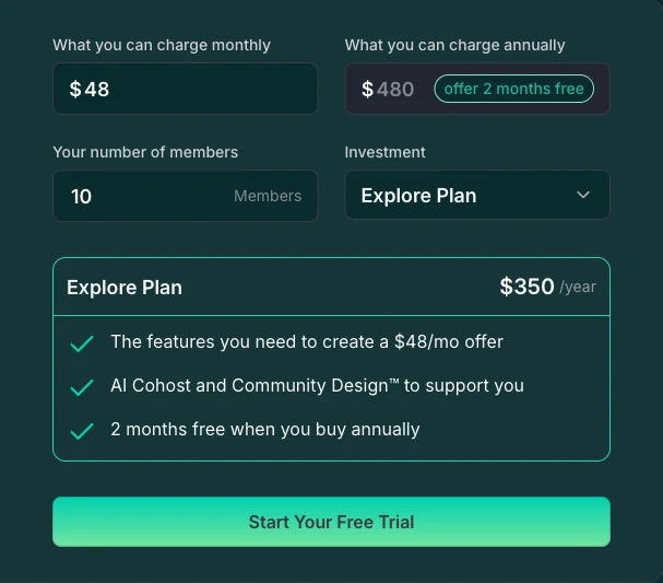 Mighty Networks pricing page showing the Explore Plan at $350 a year inside its own return-on-investment calculator