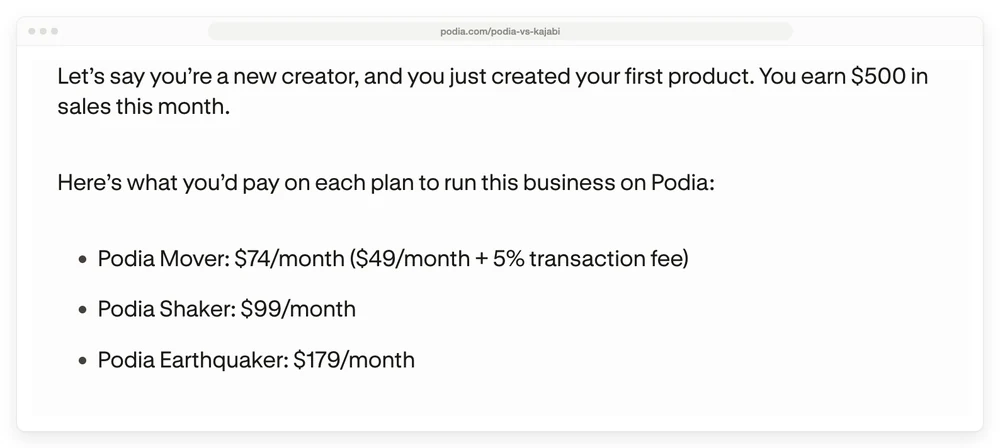 Podia's own worked example pricing Mover at $74 a month