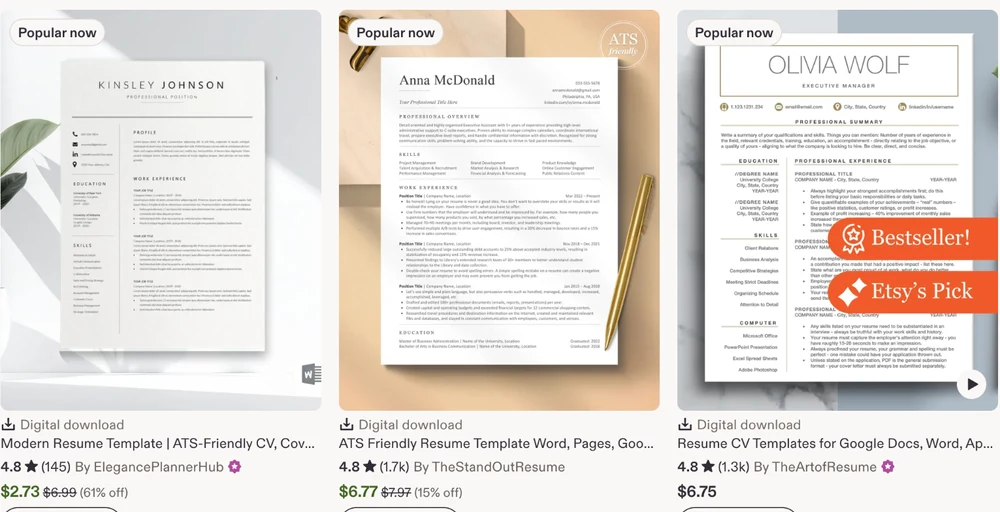 Etsy search results for resume template, showing 3 listings with discounted prices