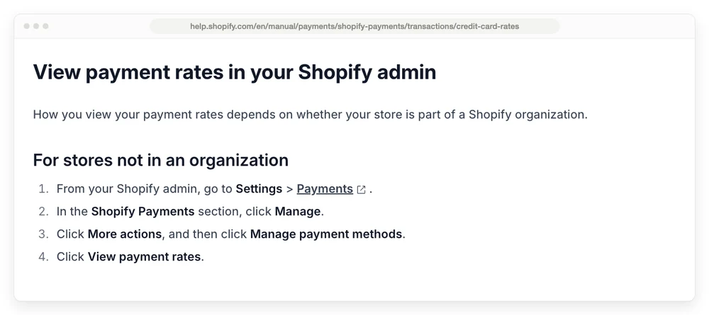 Shopify's help page on card rates, which routes you into an admin account instead of listing a rate