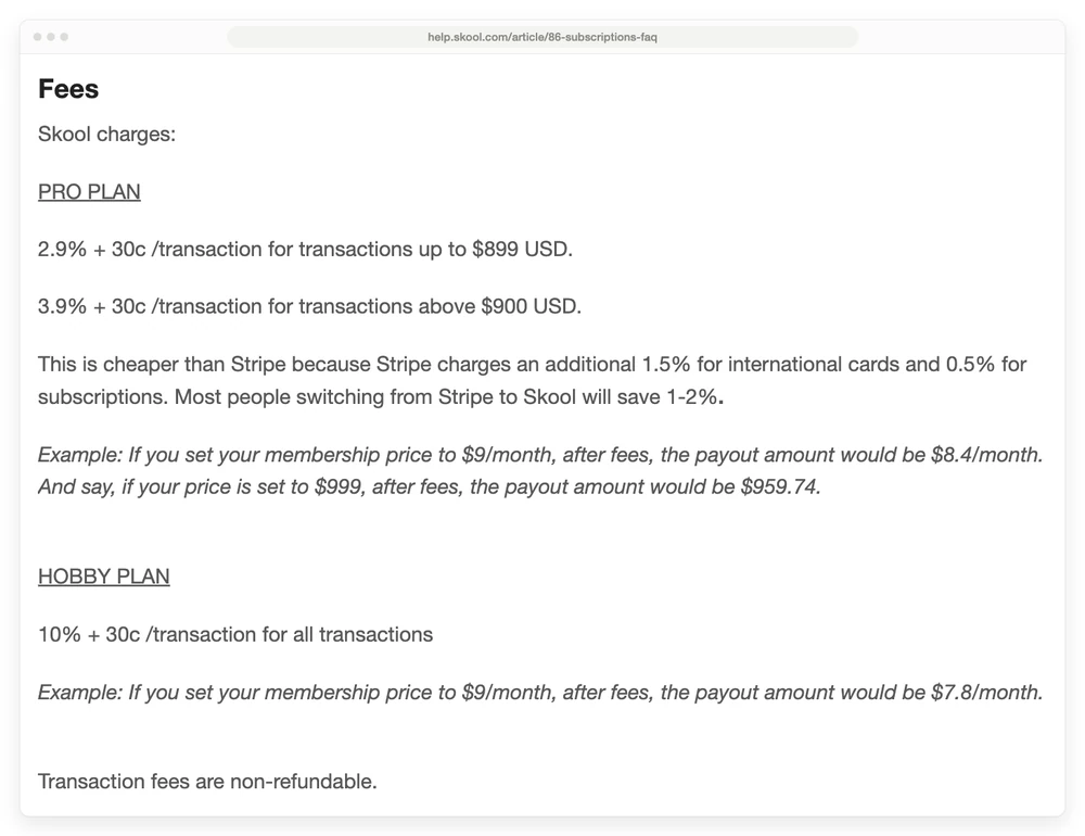 Skool's payments help doc listing 2.9% plus 30c under $899, 3.9% plus 30c above $900, and 10% plus 30c on the Hobby plan