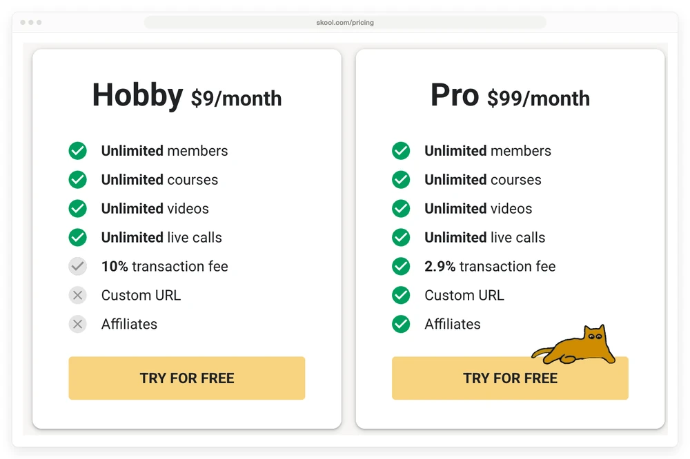 Skool's pricing page showing the Hobby plan at $9 a month with a 10% transaction fee and the Pro plan at $99 a month with a 2.9% transaction fee