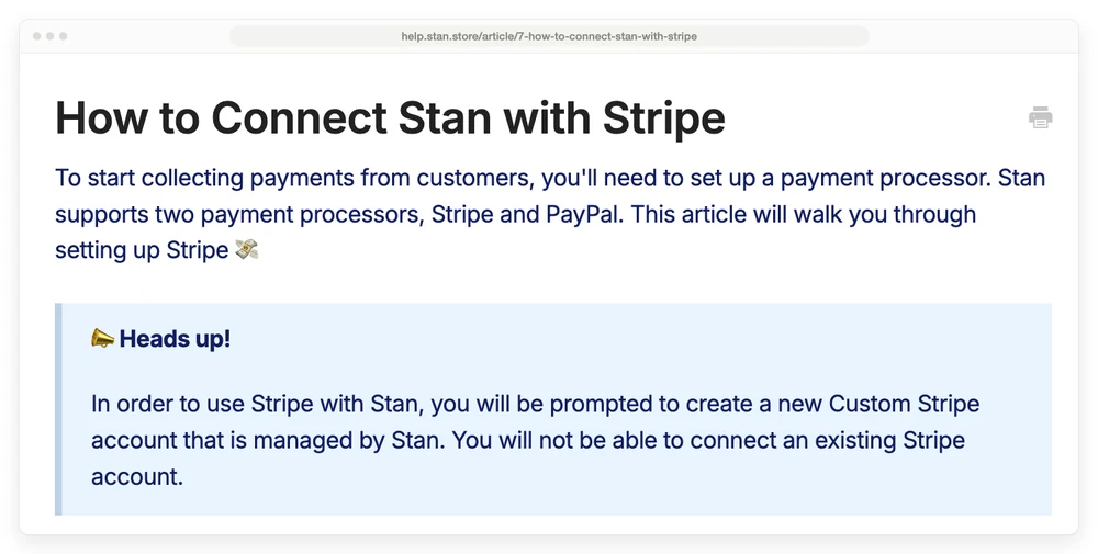 Stan Store's help centre article on connecting Stripe, stating that sellers must create a new Custom Stripe account managed by Stan and cannot connect an existing Stripe account
