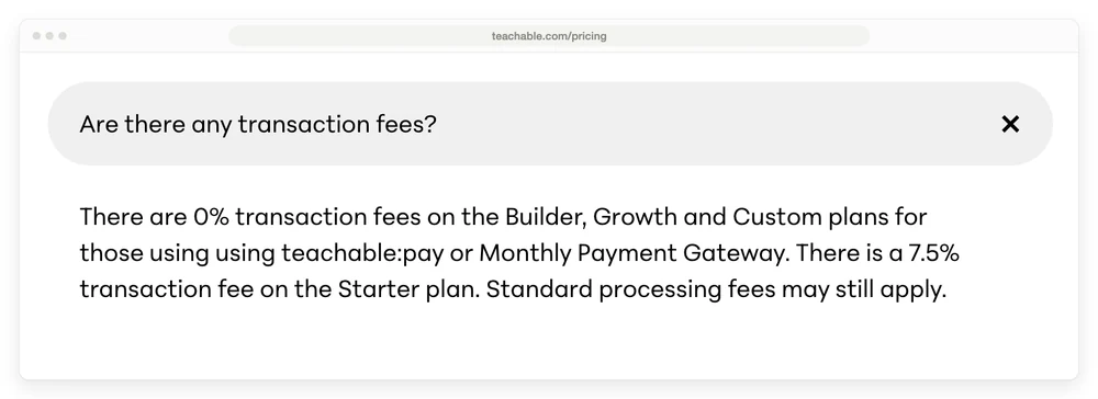 Teachable's pricing FAQ answering whether there are any transaction fees, stating 0% on Builder, Growth and Custom for those using teachable:pay or Monthly Payment Gateway, and 7.5% on Starter