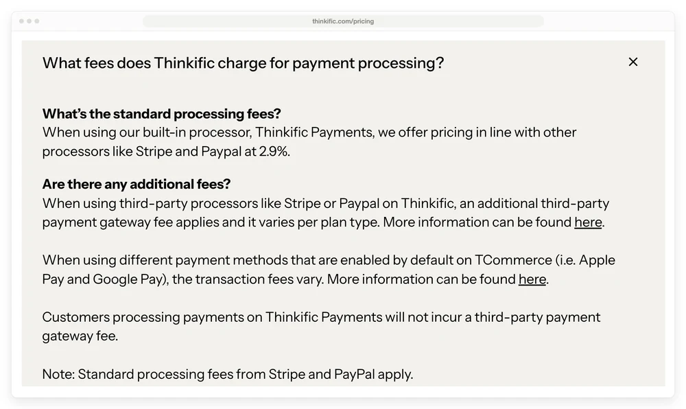 Thinkific's pricing page FAQ, where the third-party payment gateway fee is disclosed