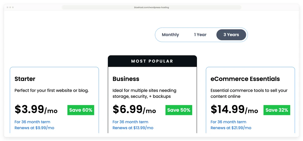 Bluehost WordPress hosting plans showing renewal prices higher than the advertised monthly rate