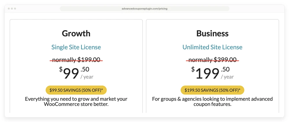 Advanced Coupons pricing cards showing normally $199.00 and normally $399.00 struck through above $99.50 and $199.50 per year
