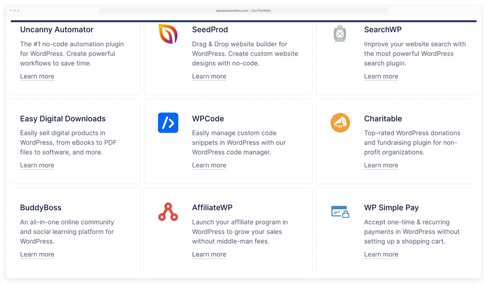 Awesome Motive's portfolio page showing SearchWP, Easy Digital Downloads and AffiliateWP as its own brands