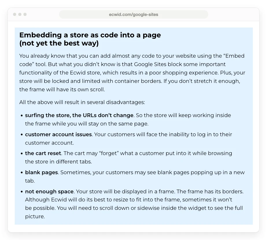 Ecwid's Google Sites page listing 5 problems with embedding an Ecwid store as code on Google Sites