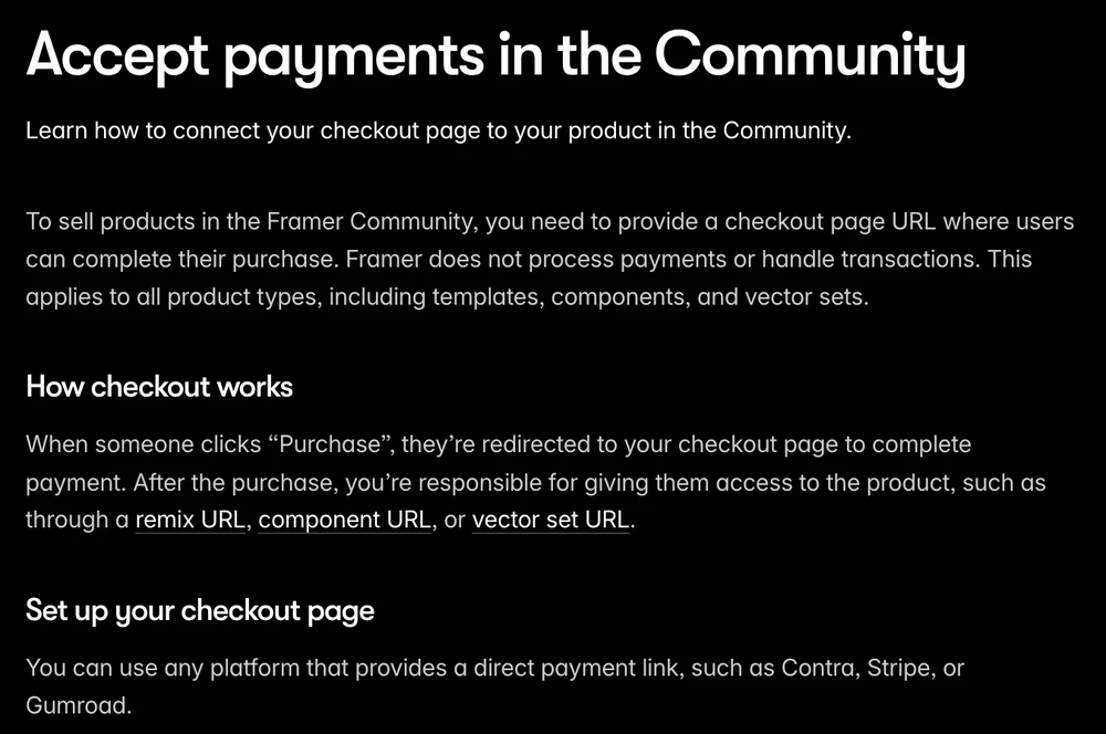 Framer help center article saying Framer does not process payments or handle transactions