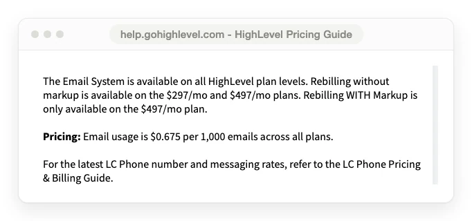 GoHighLevel's own pricing guide stating that email usage costs $0.675 per 1,000 emails across all plans