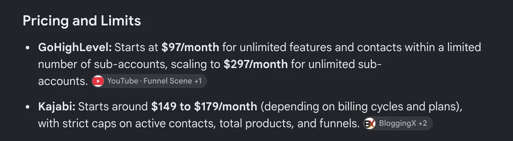 Google's AI Overview for GoHighLevel vs Kajabi stating Kajabi starts around 149 to 179 dollars a month