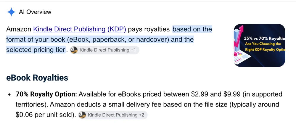 Google's AI Overview for kdp royalties still showing the retired 70% price band and a $0.06 delivery fee