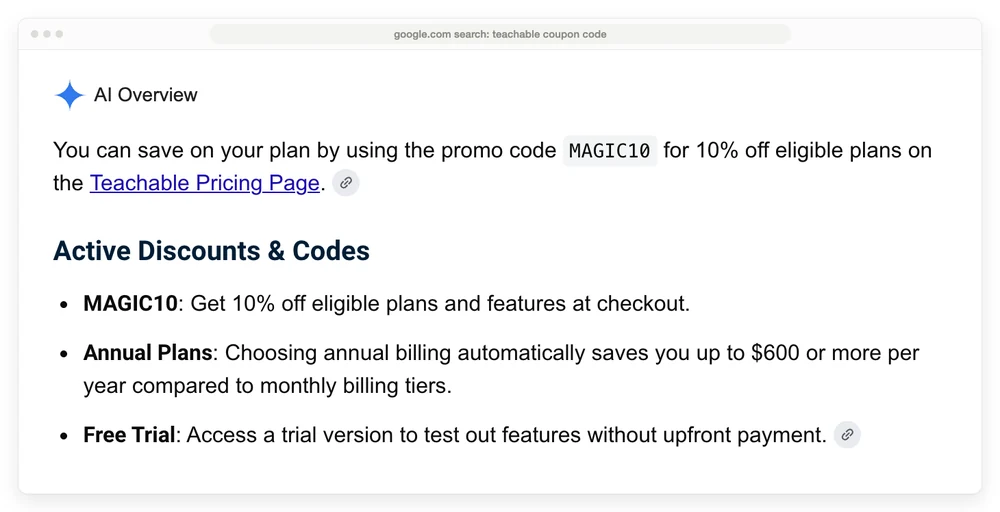 Google AI Overview for the search teachable coupon code, recommending the promo code MAGIC10 for 10 percent off eligible plans on the Teachable pricing page