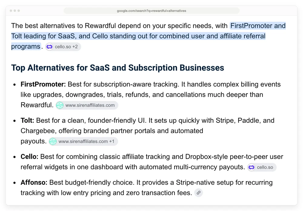 Google's AI Overview for this search naming 4 tools, with cello.so and sirenaffiliates.com shown as its cited sources