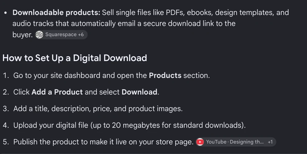 Google's AI Overview for the search squarespace digital products, showing step 4 of its setup list capping the file size at 20 megabytes