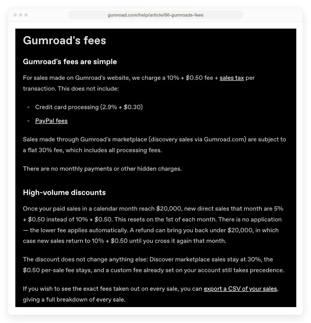 Gumroad fees help page showing 10% plus $0.50 excluding card processing, and the high-volume discount