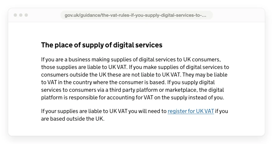 HMRC guidance on the place of supply of digital services, showing that a third party platform carries the VAT but a payment processor does not
