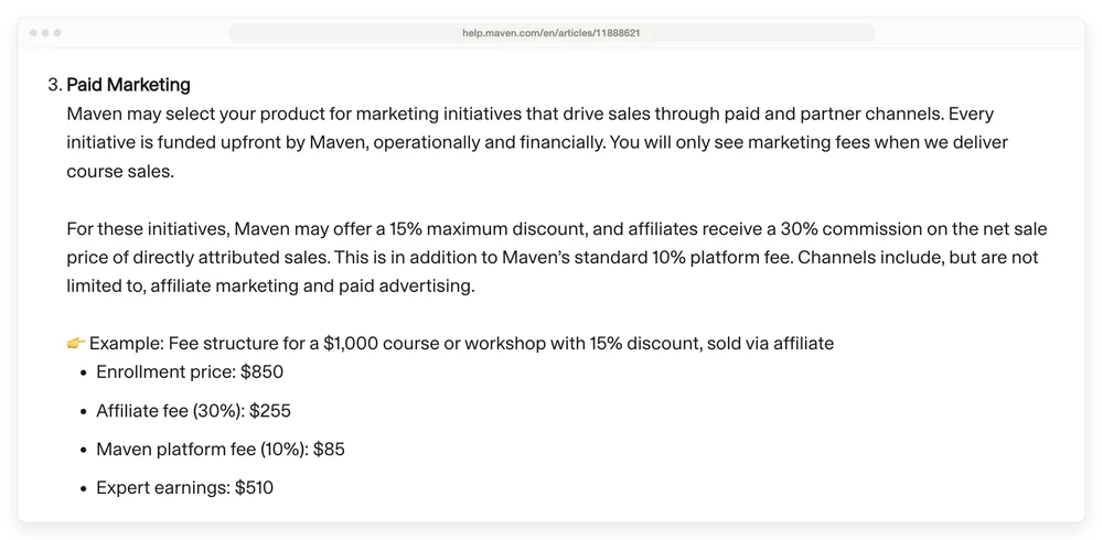 Maven Student Growth Program help page showing a $1,000 course sold via affiliate leaving $510 in expert earnings