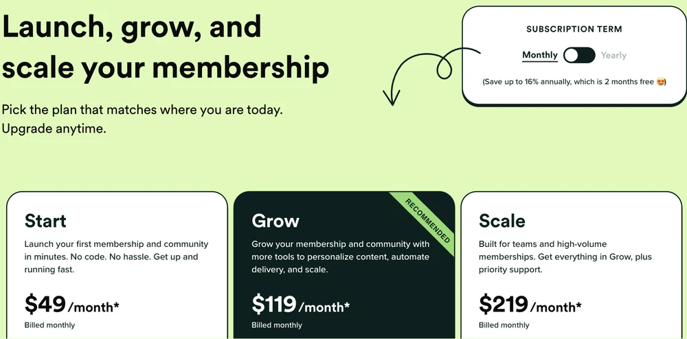Membership.io pricing page on monthly billing showing Start at $49, Grow at $119 and Scale at $219 a month