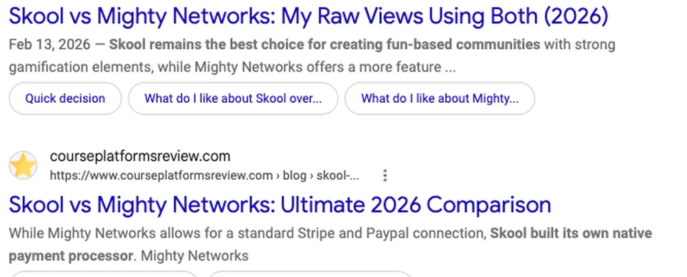 A Google search result for skool vs mighty networks stating that Mighty Networks allows a standard Stripe and PayPal connection