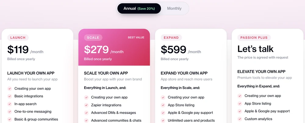 Passion.io pricing page with the Annual toggle on, showing Launch at $119, Scale at $279 and Expand at $599 a month billed once yearly