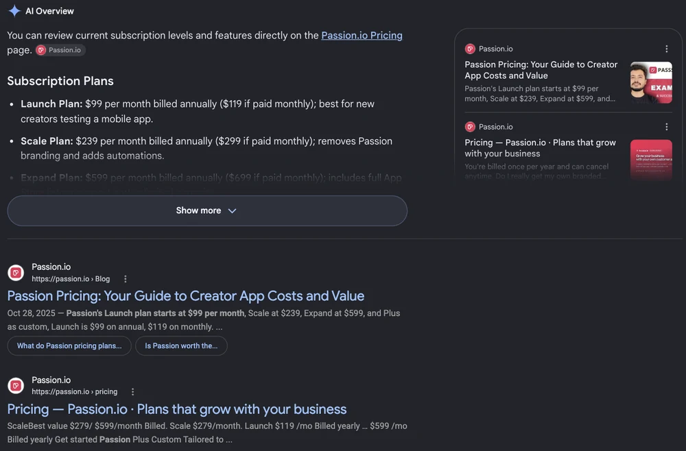 Google results for passion io pricing: the AI Overview and Passion's own blog say $99 and $239, while the pricing page result shows $119 and $279
