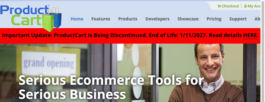 ProductCart's homepage carrying a red banner announcing the shopping cart software is being discontinued