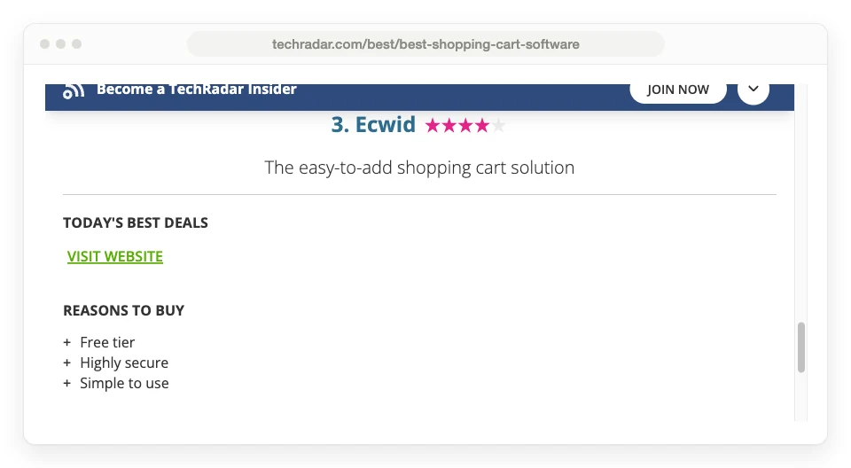 TechRadar's Ecwid entry in its best shopping cart software roundup, listing Free tier as the first reason to buy